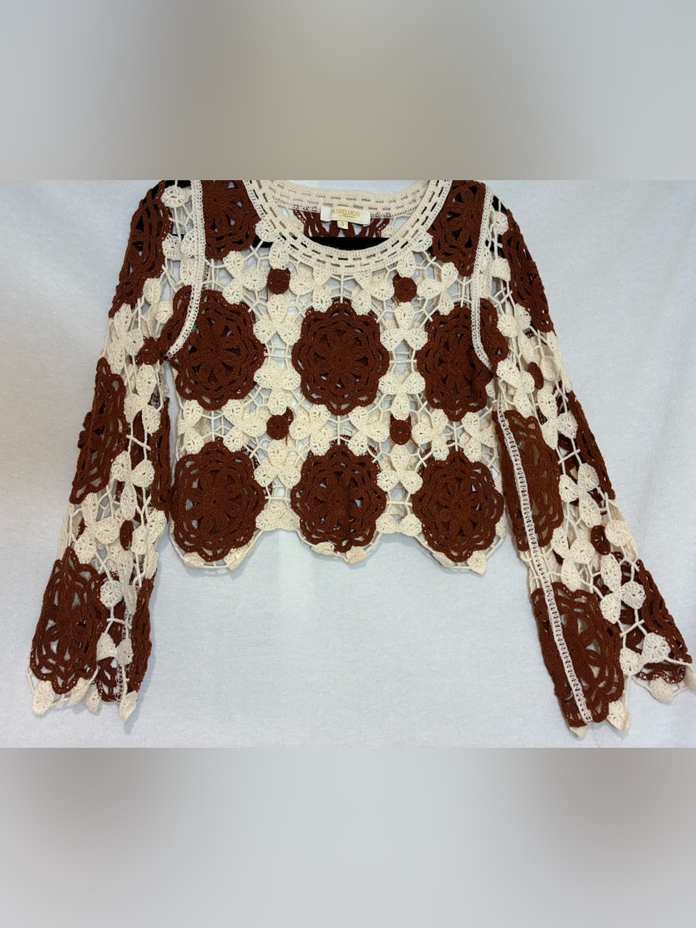 Rebellion Crochet Top M Brown Cream Floral Open Knit Boho Long Bell Sleeve Crop